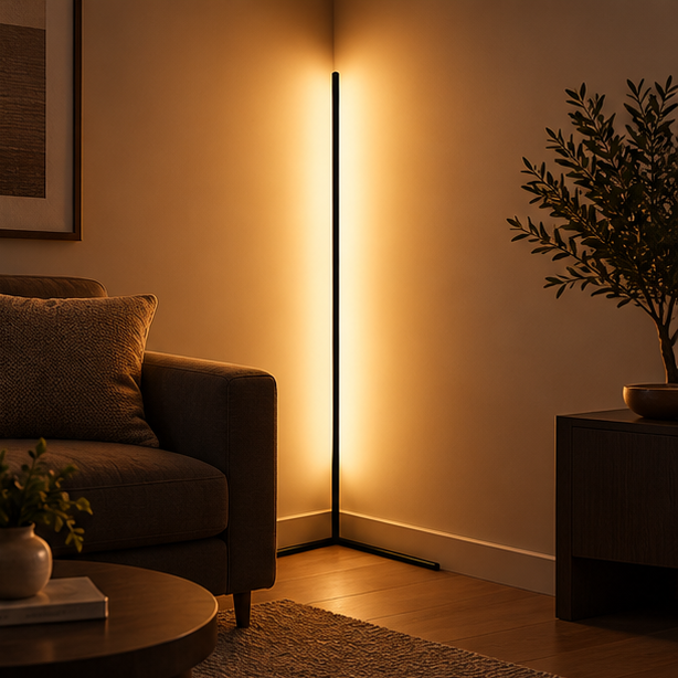 Schwarze Eck-Stehlampe taucht die Wandecke neben einem Sofa und einer Zimmerpflanze im Wohnzimmer in warmes Licht. 1