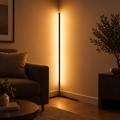Schwarze Eck-Stehlampe taucht die Wandecke neben einem Sofa und einer Zimmerpflanze im Wohnzimmer in warmes Licht. 1