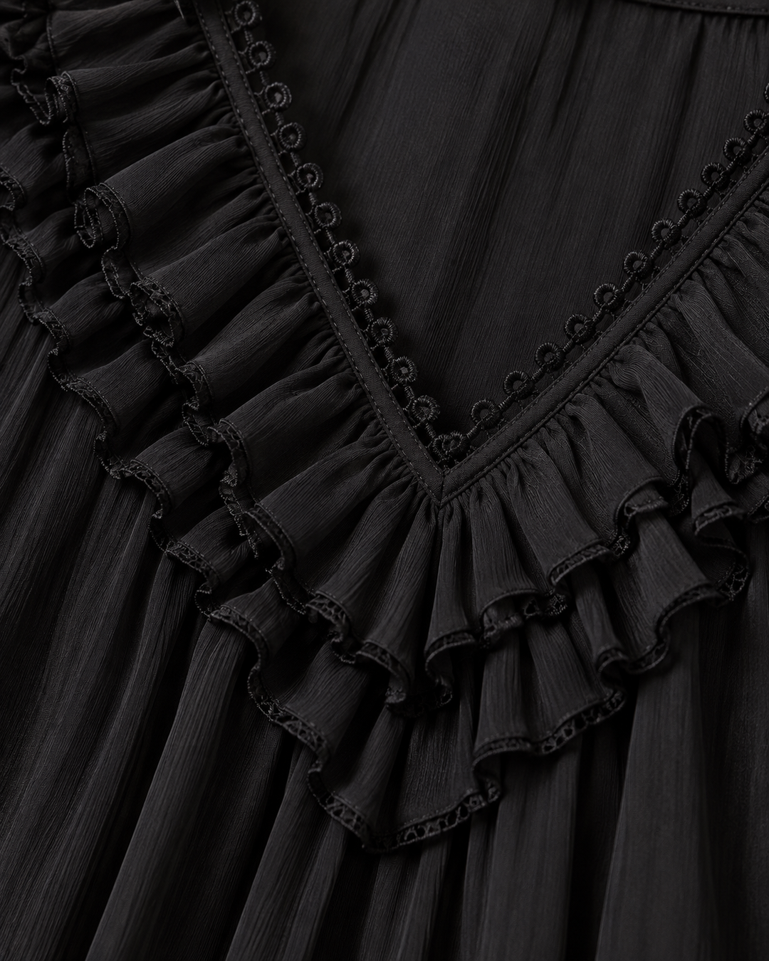 Nahaufnahme des V-Ausschnitts in Schwarz mit gekräuselten Rüschen, feinem Chiffon-Stoff und einer Borte aus kleinen Ösen. 5