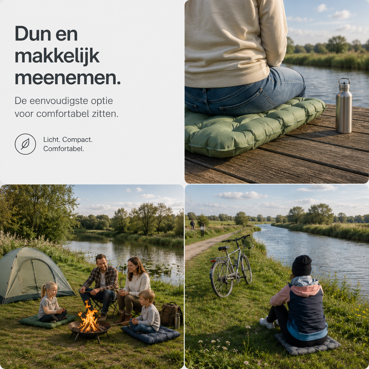 Collage aus drei Szenen: Kissen als Sitzunterlage auf einem Steg, am Lagerfeuer mit Familie und am Flussufer neben einem Fahrrad. 3