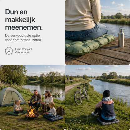 Collage aus drei Szenen: Kissen als Sitzunterlage auf einem Steg, am Lagerfeuer mit Familie und am Flussufer neben einem Fahrrad. 3