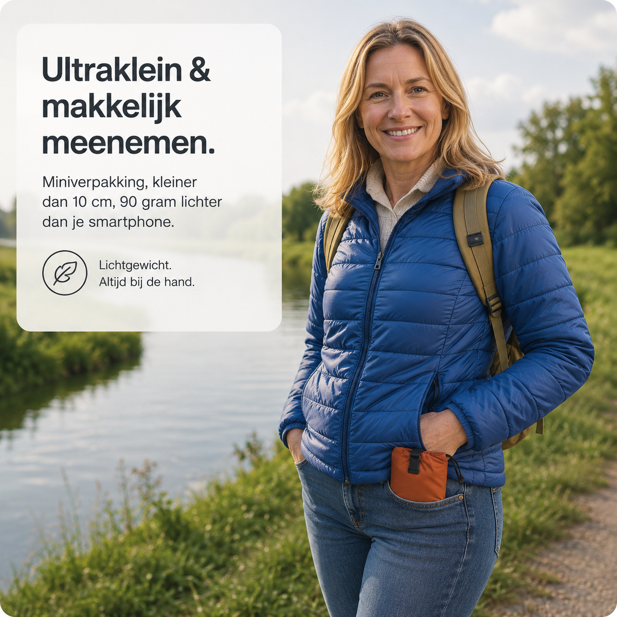 Lächelnde Frau in blauer Steppjacke am Fluss, aus ihrer Jeanstasche ragt der kleine orangefarbene Packbeutel des Kissens. 4