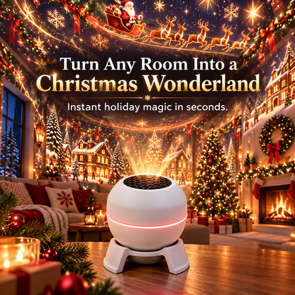 Kugelförmiger weißer Projektor mit rotem Leuchtring steht auf einem Tisch und taucht das weihnachtlich dekorierte Wohnzimmer in bewegte Lichtmotive. 2