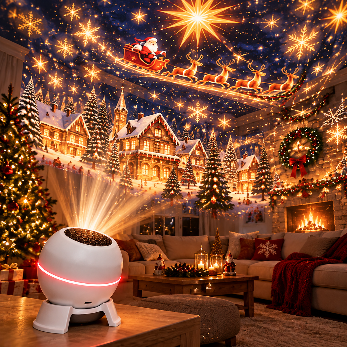 Projektor auf einem Holztisch strahlt Lichtstrahlen aus und füllt ein Wohnzimmer mit Weihnachtsbaum, Kamin und Kranz mit leuchtenden Sternen, Schneeflocken und 6