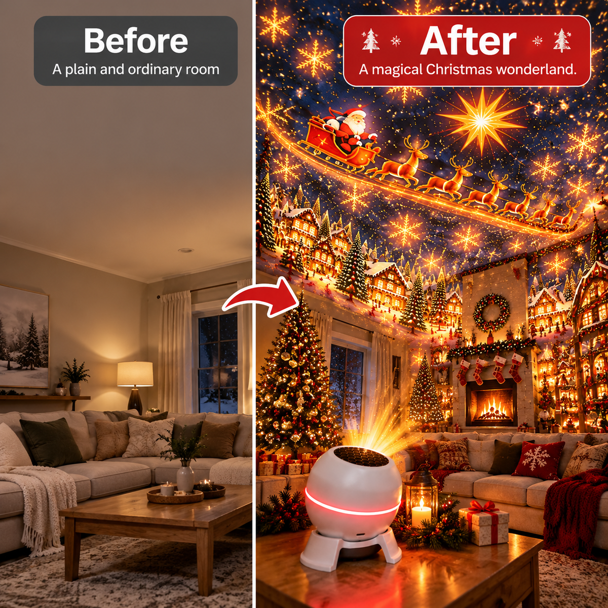Vorher-nachher-Vergleich: links ein schlichtes Wohnzimmer, rechts derselbe Raum mit Projektor, der Sternen, Weihnachtsmann mit Schlitten und Winterdorf an Decke 3