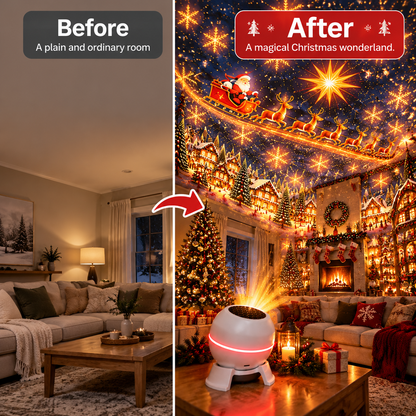 Vorher-nachher-Vergleich: links ein schlichtes Wohnzimmer, rechts derselbe Raum mit Projektor, der Sternen, Weihnachtsmann mit Schlitten und Winterdorf an Decke 3