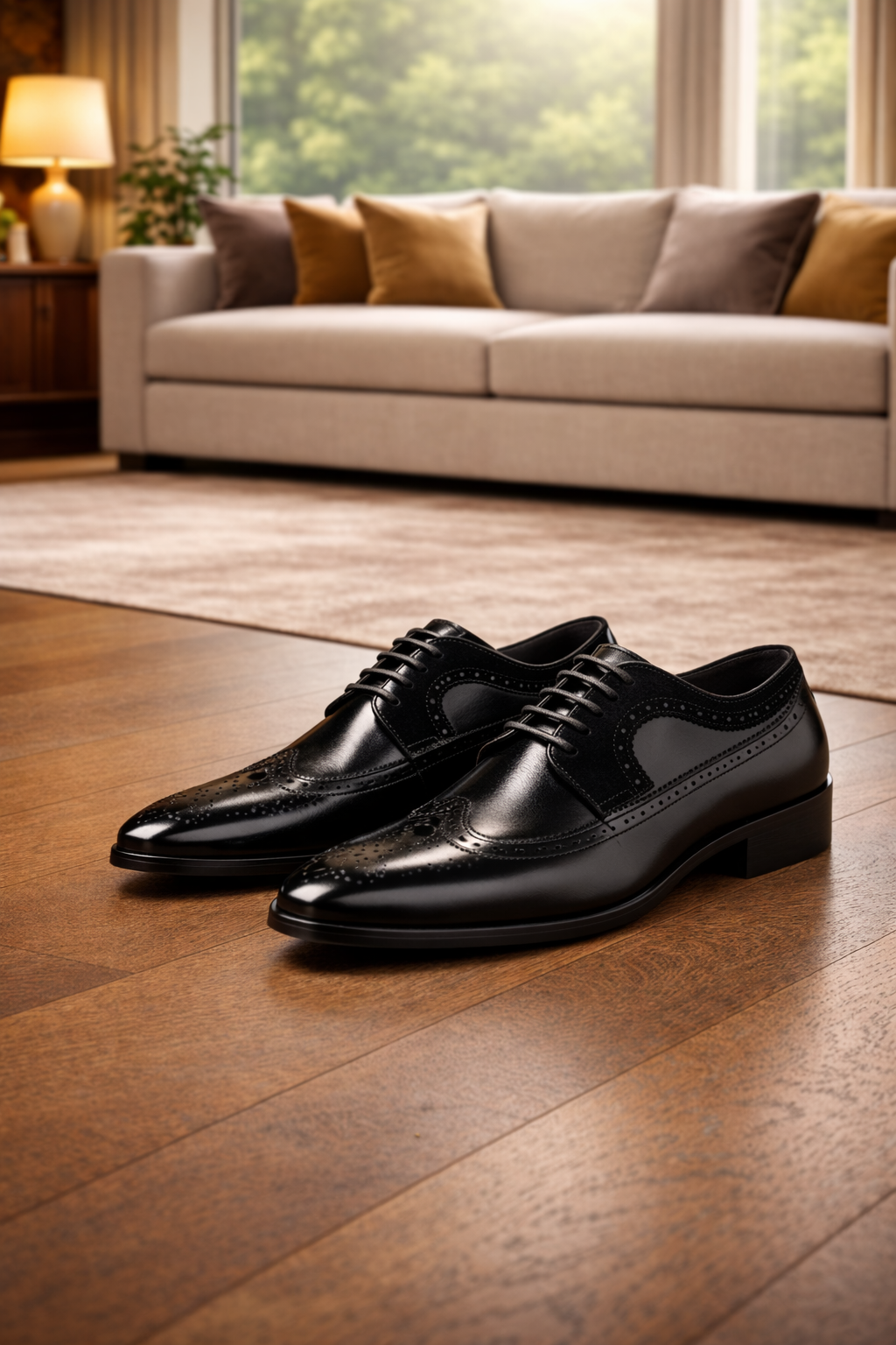 Paar schwarze glänzende Lederschnürschuhe mit Lochmuster, nebeneinander auf einem Holzboden vor einem hellen Sofa abgestellt. 4
