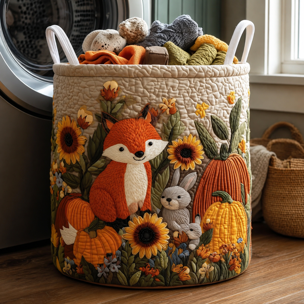 Runder gesteppter Korb mit Fuchs, Hase, Sonnenblumen und Kürbissen, gefüllt mit Wäsche, vor einer Waschmaschine 1