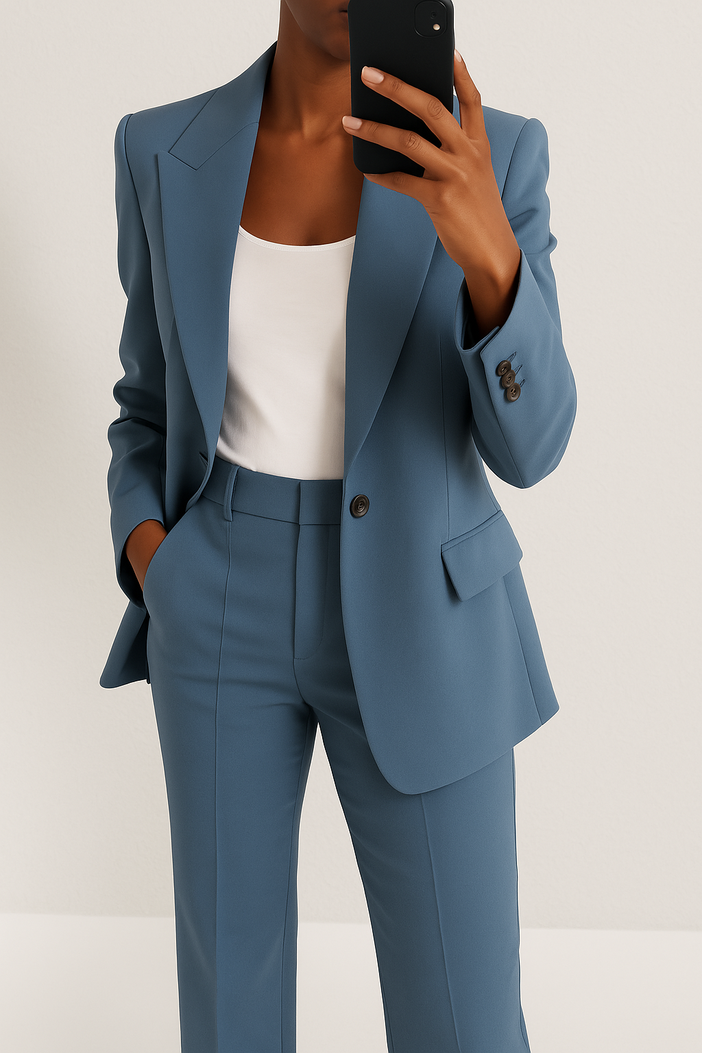 Nahaufnahme des blauen Hosenanzugs mit Einknopf-Blazer, Ärmelknöpfen und Bügelfalte, getragen mit weißem Top und Handy 1