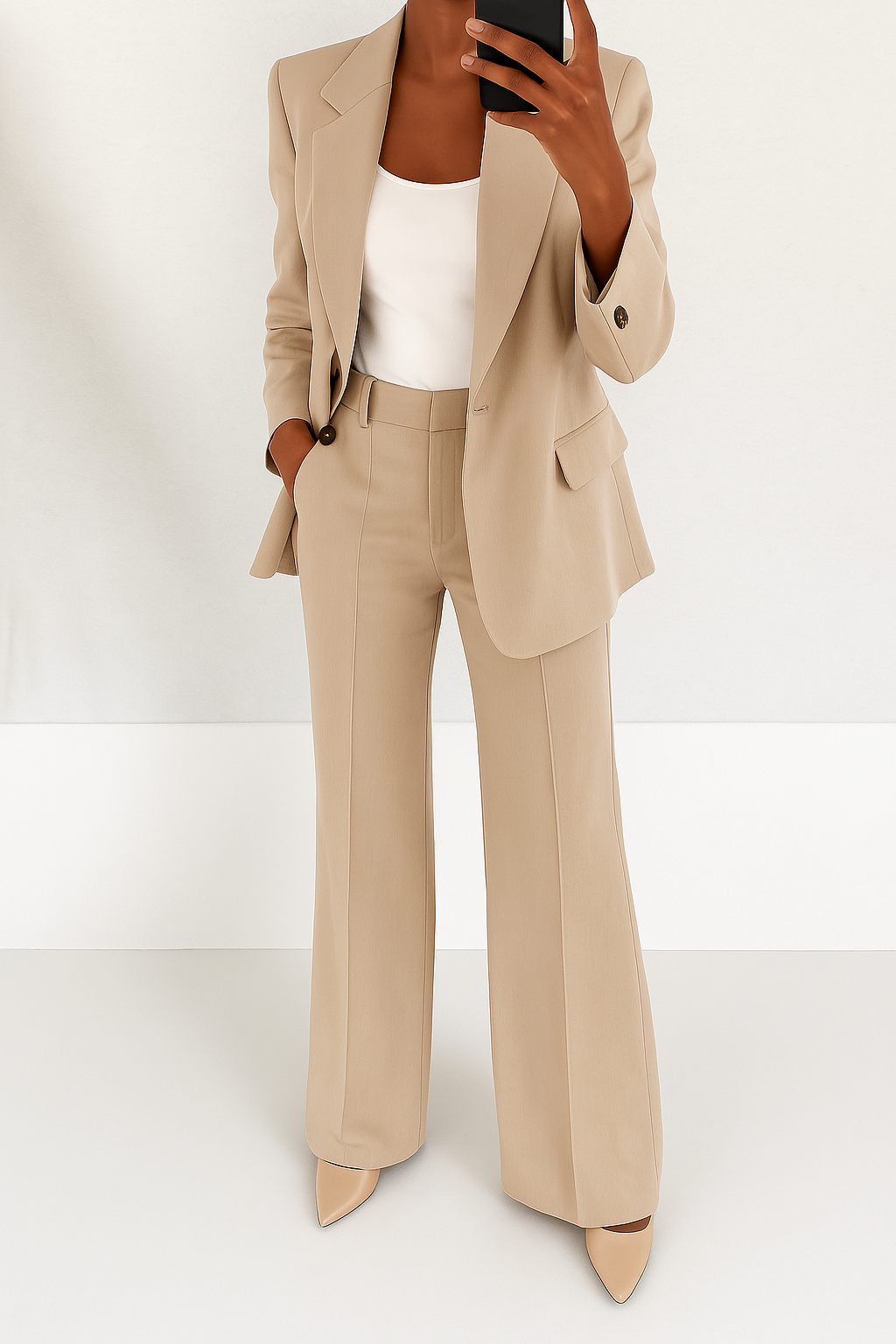 Hosenanzug in Beige in der Ganzkörperansicht mit weit geschnittener Hose, getragen mit weißem Top und Pumps 3