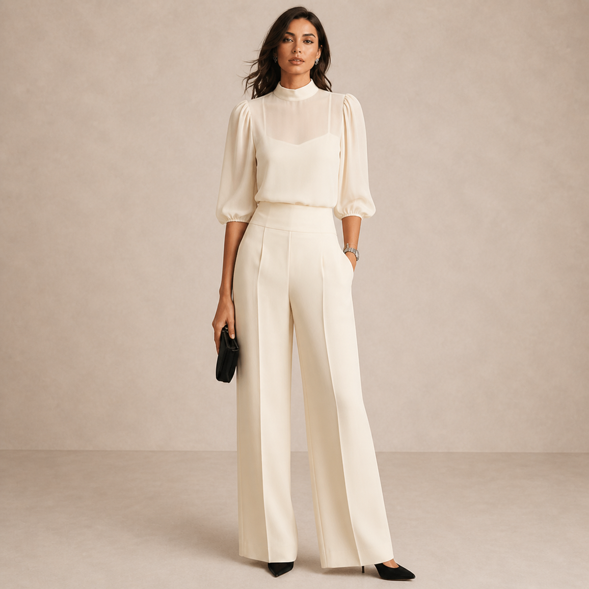 Frontansicht in Creme: transparente Stehkragenbluse mit Top darunter und hoch sitzende Hose mit Bügelfalten, getragen vom 4