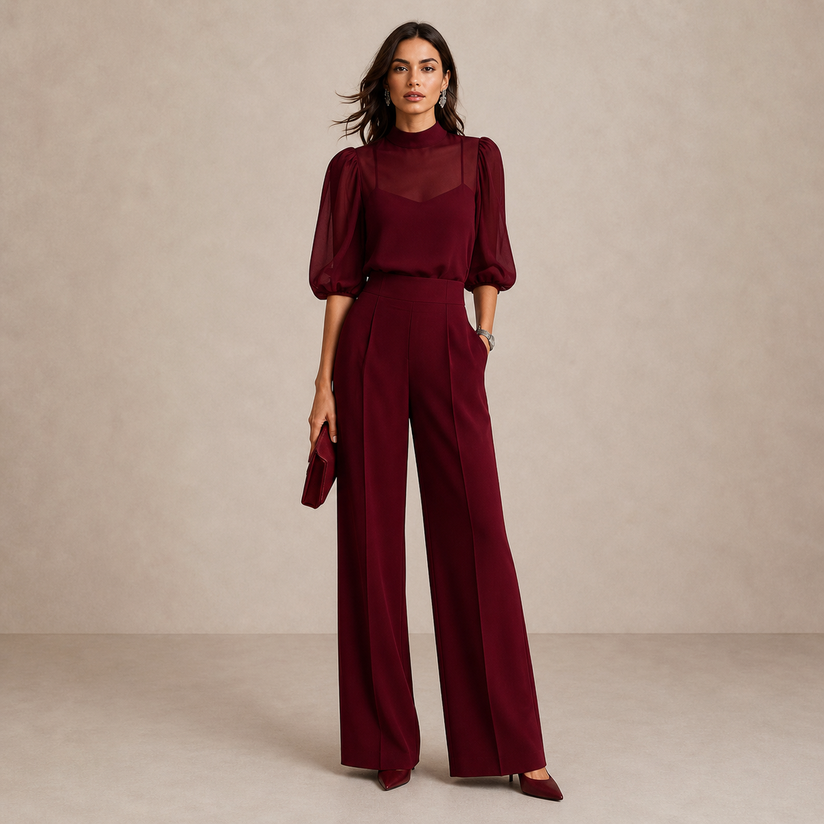 Frontansicht in Weinrot: Chiffonbluse mit Puffärmeln, Top darunter und weit geschnittene Hose, dazu passende Clutch und 6
