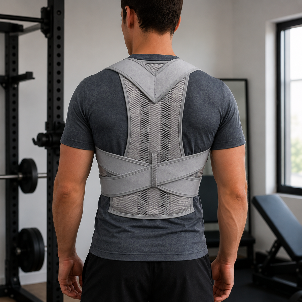 Rückenansicht eines Mannes im grauen Shirt, der die graue Haltungskorrektur mit Netzgewebe und gekreuzten Gurten in einem Fitnessstudio trägt. 1