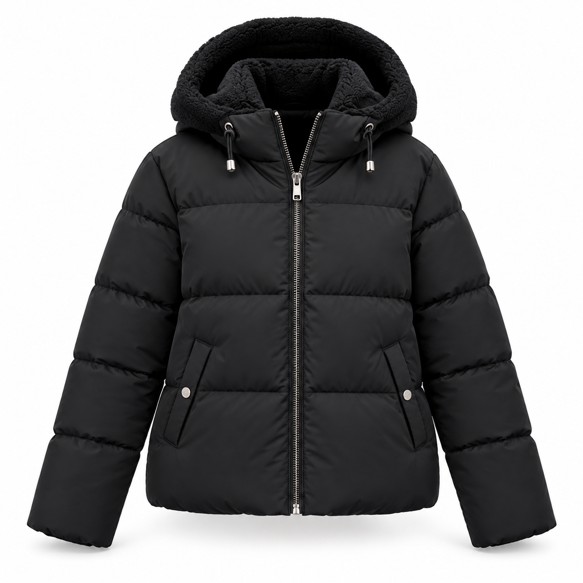 Schwarze Steppjacke von vorn freigestellt mit Reißverschluss, Kordelzug an der Kapuze, Seitentaschen und flauschigem Futter. 4
