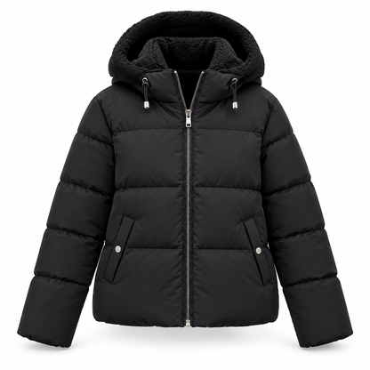 Schwarze Steppjacke von vorn freigestellt mit Reißverschluss, Kordelzug an der Kapuze, Seitentaschen und flauschigem Futter. 4