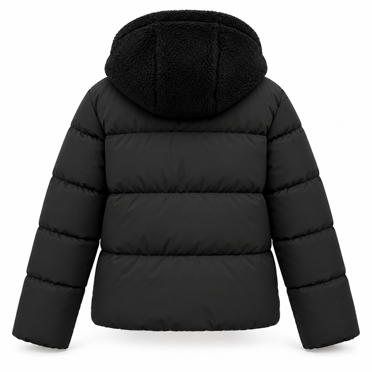 Rückansicht der schwarzen Steppjacke freigestellt mit horizontalen Steppnähten und Kapuze aus flauschigem Kunstfell. 5