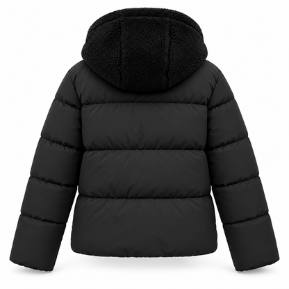 Rückansicht der schwarzen Steppjacke freigestellt mit horizontalen Steppnähten und Kapuze aus flauschigem Kunstfell. 5