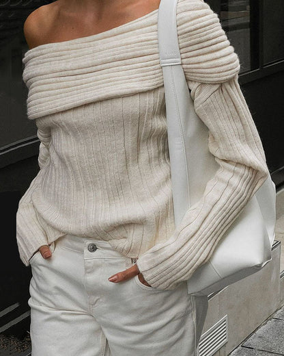 Damen Off-Shoulder Strickpullover, cremeweiß, gerippt, modisch, Herbstmode, Luca Norelli.