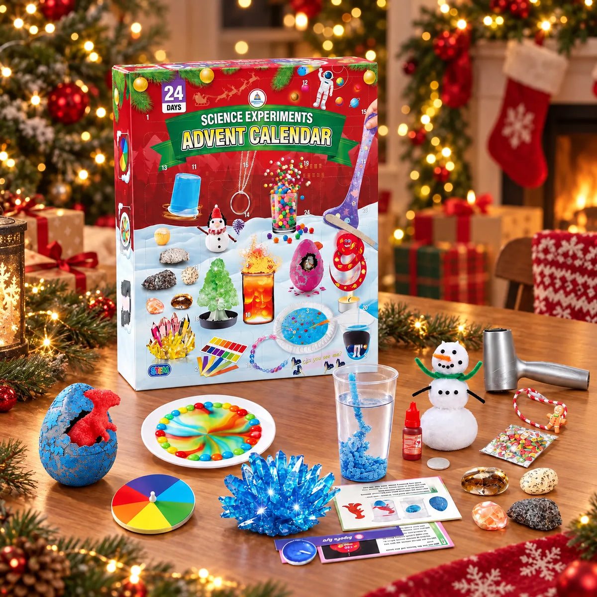 Roter Adventskalender-Karton auf einem festlich dekorierten Holztisch mit Tannenzweigen, Lichterketten und Kamin, davor Kristalle, Schneemann und weitere Experi 1