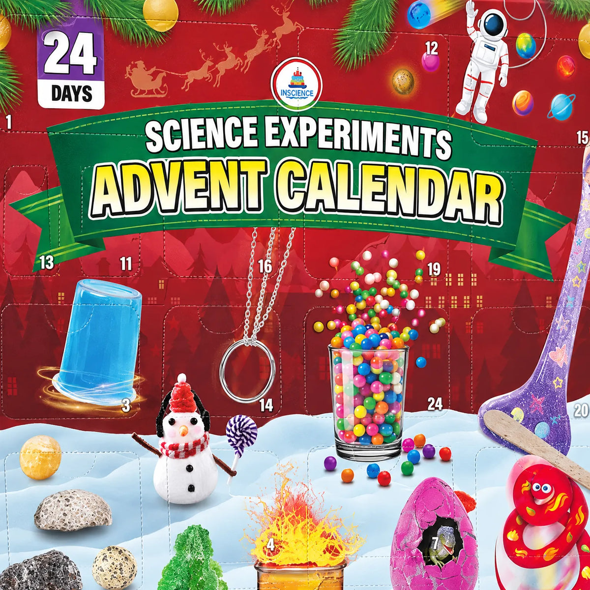 Nahaufnahme der Kartonvorderseite mit nummerierten Türchen, Astronaut, Schneemann, Schleim, bunten Kugeln im Glas und aufgedruckten Experimentmotiven. 3