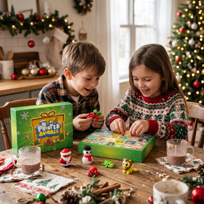 Zwei lachende Kinder am Weihnachtstisch öffnen die grüne Adventskalender-Schachtel, davor stehen kleine Figuren und 1