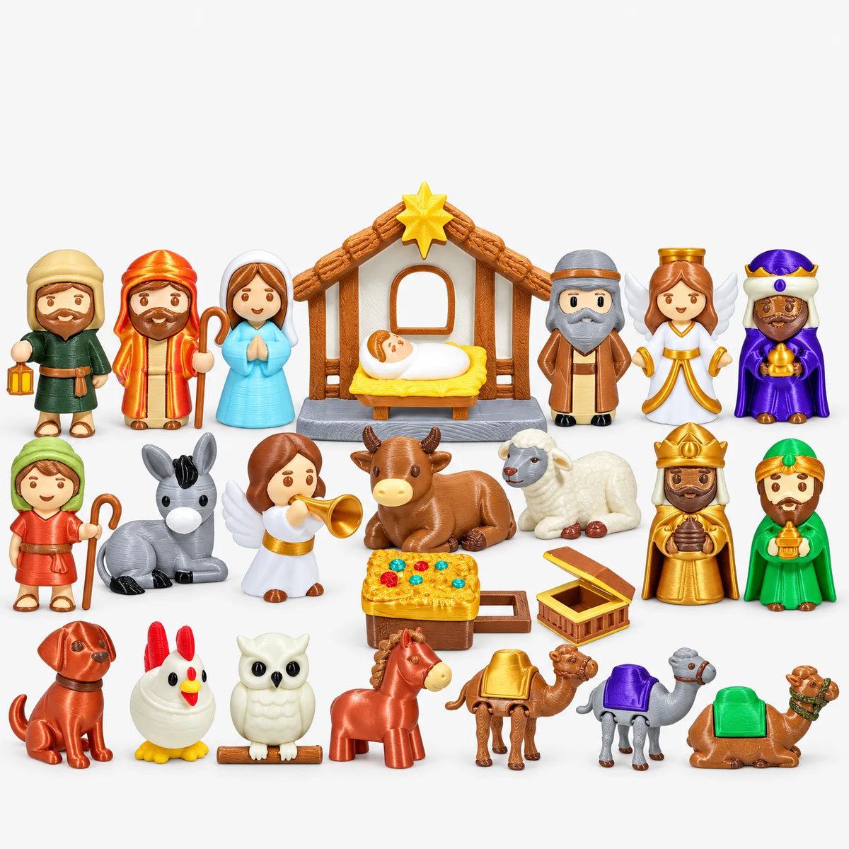Alle bunten Krippenfiguren im Überblick: Stall, Heilige Familie, Könige, Engel, Hirten, Tiere und Kamele 2