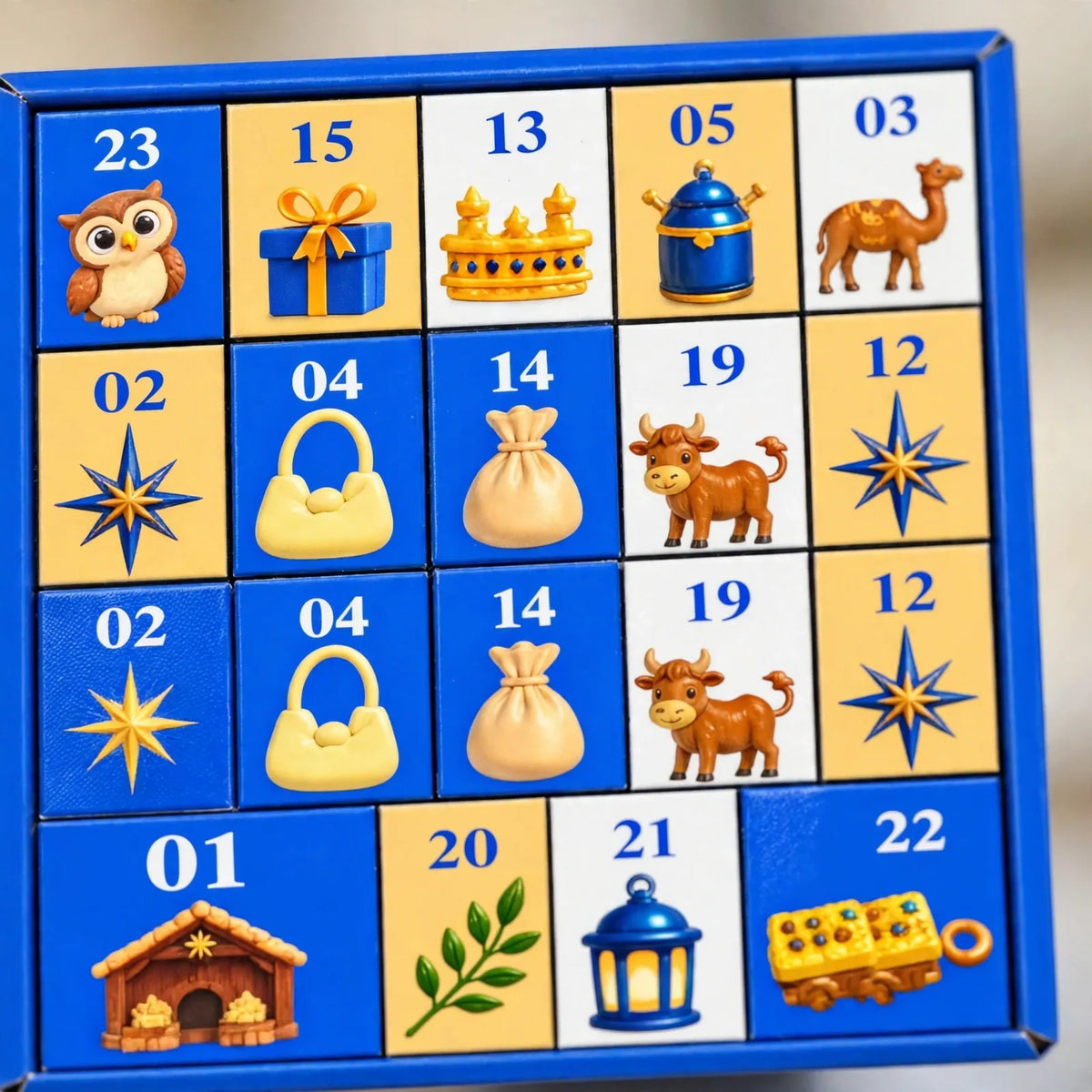 Blaue Kalenderschachtel von oben mit nummerierten Türchen, die Motive wie Eule, Stern, Krone und Laterne zeigen 3