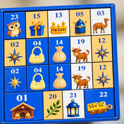 Blaue Kalenderschachtel von oben mit nummerierten Türchen, die Motive wie Eule, Stern, Krone und Laterne zeigen 3