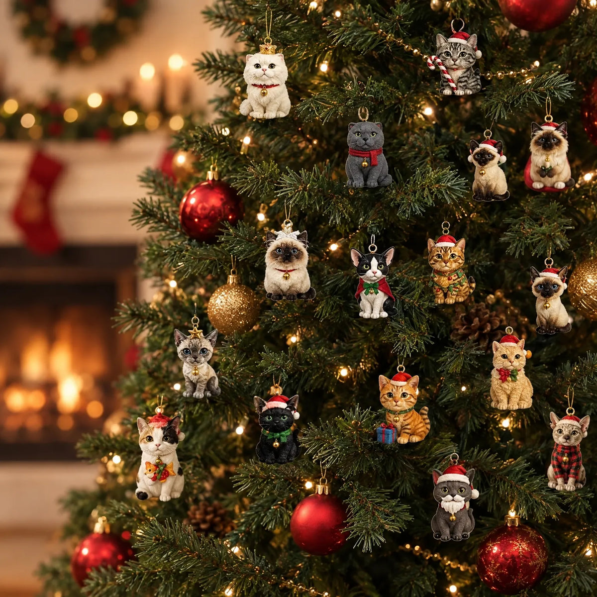 Verschiedene kleine Katzenfiguren mit Weihnachtsmützen hängen als Schmuck an einem beleuchteten Tannenbaum, im Hintergrund brennt ein Kamin. 1