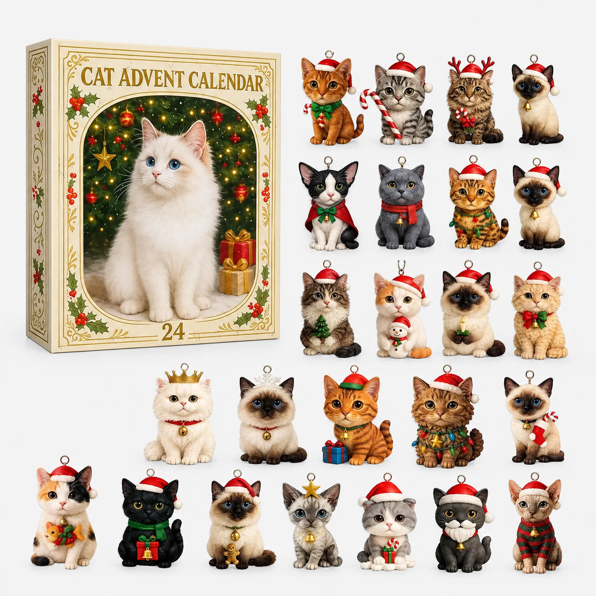 Verpackung mit weißer Katze vor Tannenbaum und alle 24 Katzenfiguren in verschiedenen Fellfarben und Kostümen nebeneinander ausgelegt. 2