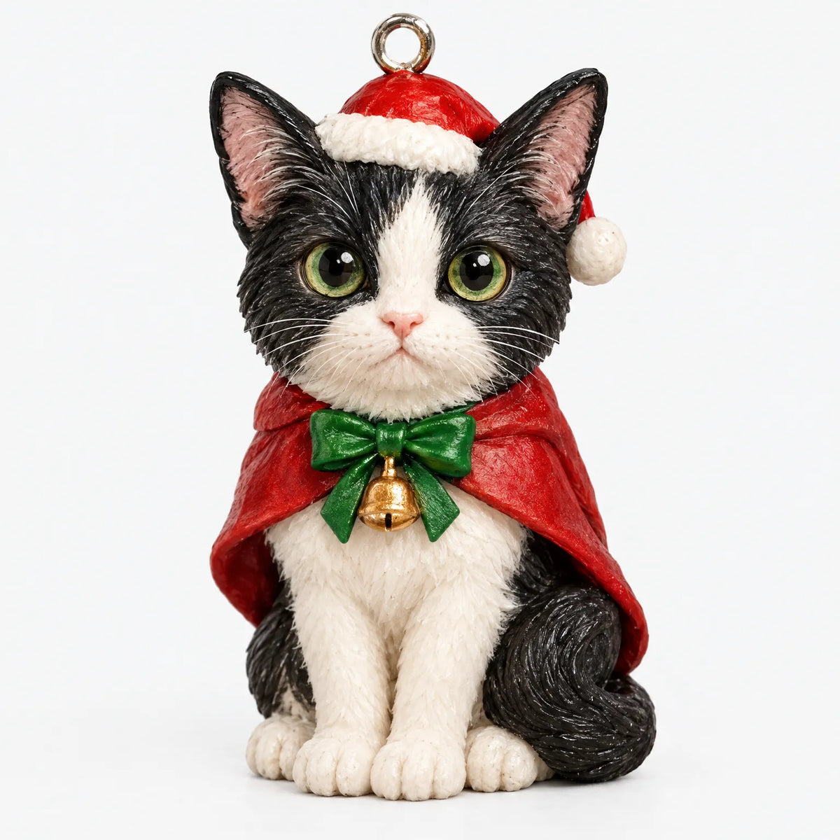 Nahaufnahme einer Katzenfigur mit schwarz-weißem Fell, roter Weihnachtsmütze, rotem Umhang und grüner Schleife mit goldenem Glöckchen, oben mit Aufhängeöse. 3
