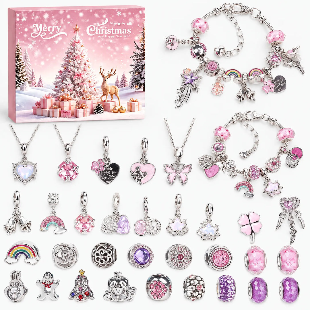 Rosa-violettes Set mit Schachtel, zwei fertigen Armbändern, drei Halsketten und vielen silberfarbenen Charms, Herzen, Regenbögen und rosa Perlen. 6