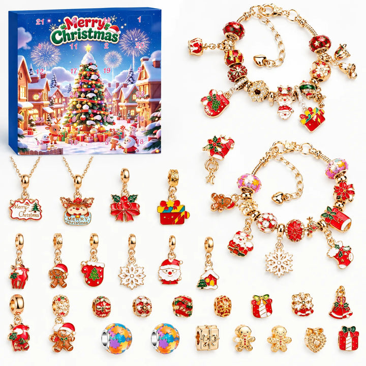 Goldfarbenes Set mit blauer Schachtel, zwei fertigen Armbändern, zwei Halsketten und roten Weihnachtsanhängern wie Lebkuchenmann, Weihnachtsmann, Handschuh und 7