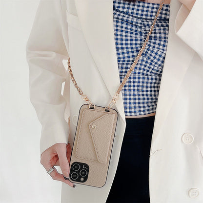 Beige Crossbody-Handyhülle mit Kartenfach, Lederoptik, goldene Kette, modisch und praktisch.