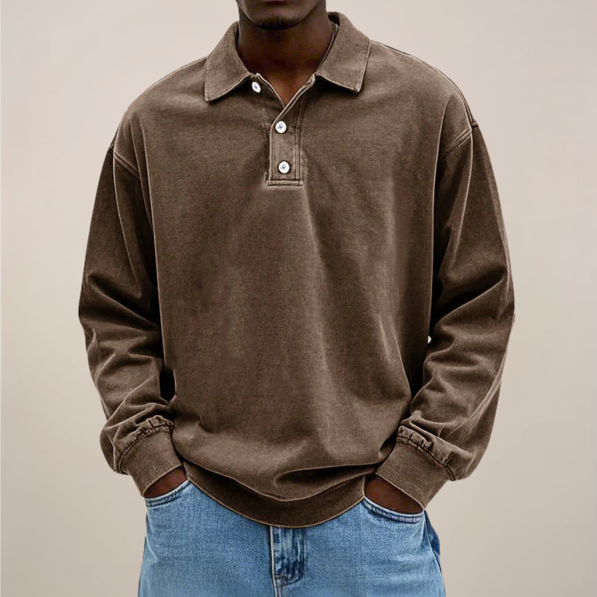 Men's Long Sleeve Polo Shirt with Button Placket and Relaxed Fit 3