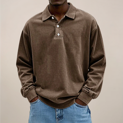 Men's Long Sleeve Polo Shirt with Button Placket and Relaxed Fit 3