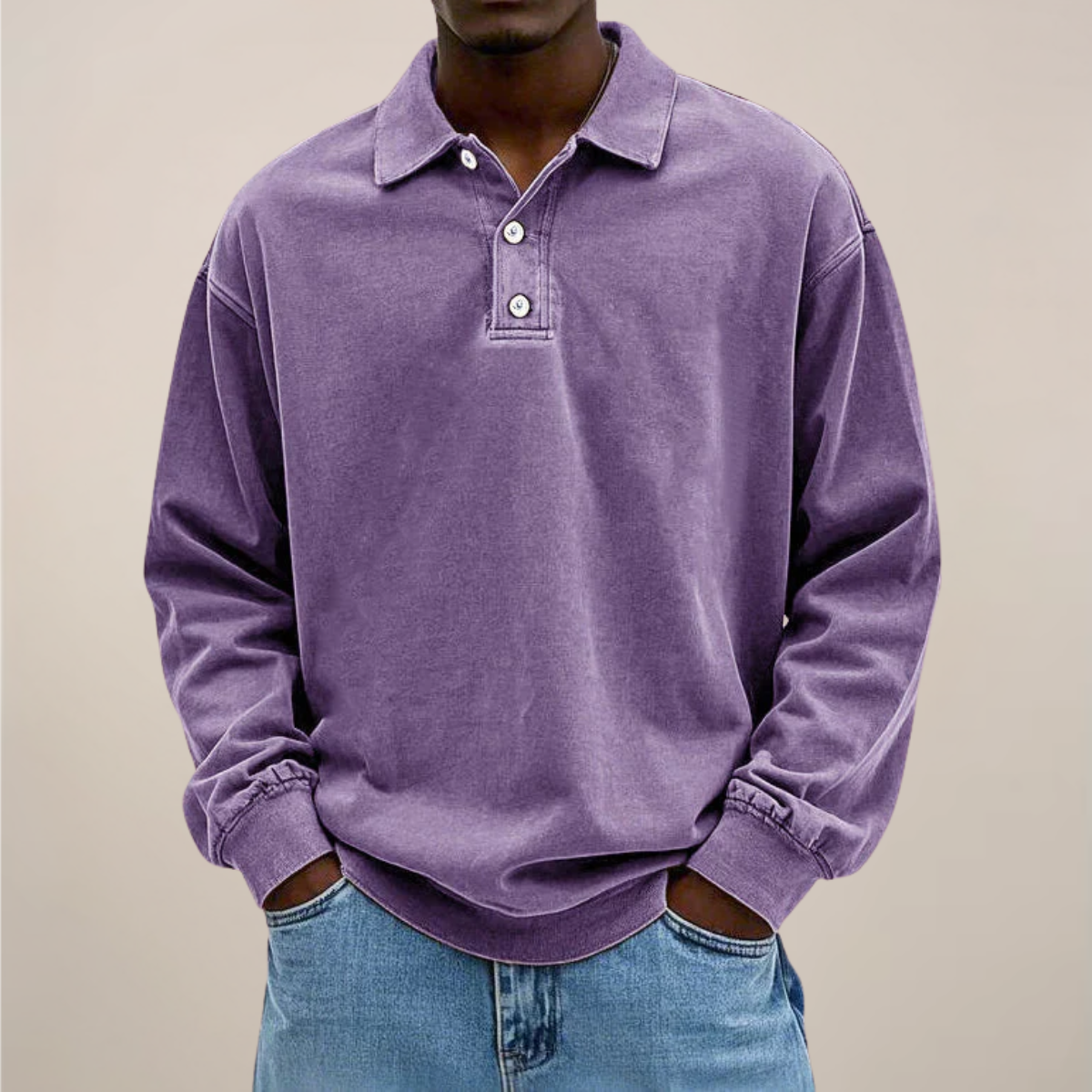 Men's Long Sleeve Polo Shirt with Button Placket and Relaxed Fit 4