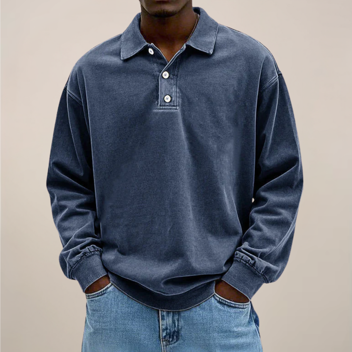 Men's Long Sleeve Polo Shirt with Button Placket and Relaxed Fit 5