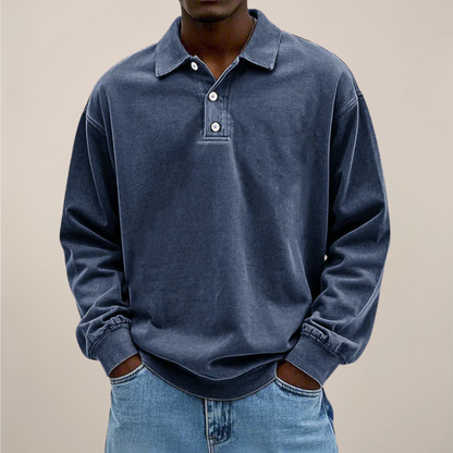 Men's Long Sleeve Polo Shirt with Button Placket and Relaxed Fit 5