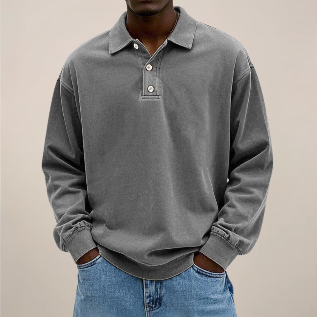 Men's Long Sleeve Polo Shirt with Button Placket and Relaxed Fit 7