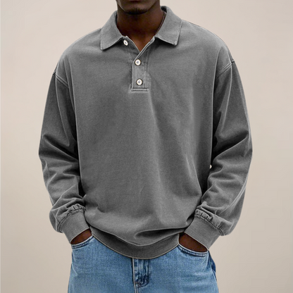 Men's Long Sleeve Polo Shirt with Button Placket and Relaxed Fit 7