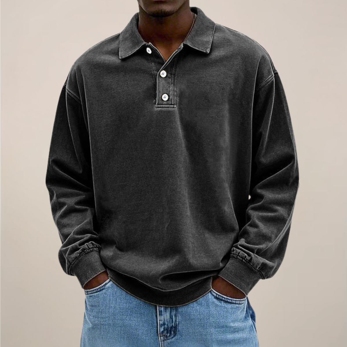 Men's Long Sleeve Polo Shirt with Button Placket and Relaxed Fit 8