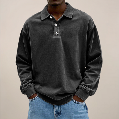 Men's Long Sleeve Polo Shirt with Button Placket and Relaxed Fit 8