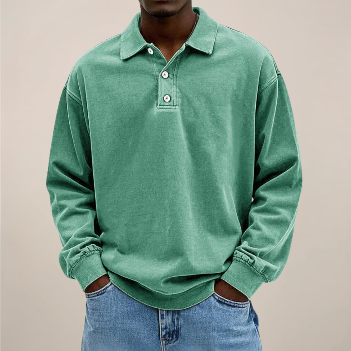 Men's Long Sleeve Polo Shirt with Button Placket and Relaxed Fit 9