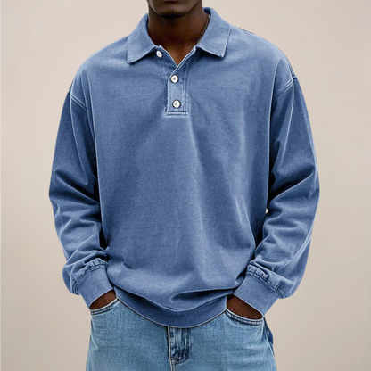 Men's Long Sleeve Polo Shirt with Button Placket and Relaxed Fit 1