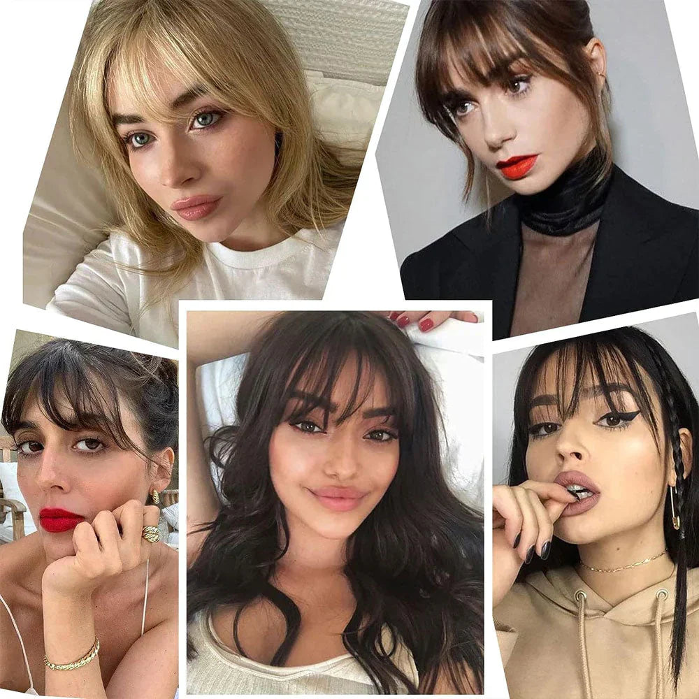 Collage aus fünf Selfies von Frauen mit Pony in Blond, Braun und Schwarz 2