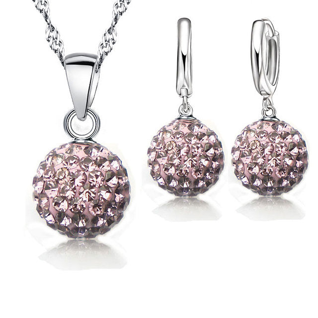 925er Silber Schmuckset mit rosa Kristallanhänger und Ohrringen für Damen.