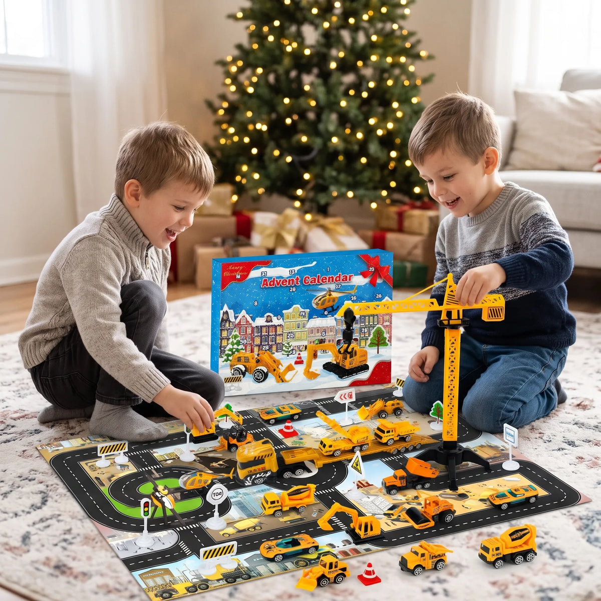 Zwei Jungen spielen vor einem Weihnachtsbaum mit Baustellenfahrzeugen, Kran und Spielmatte; dahinter steht der Kalender 1