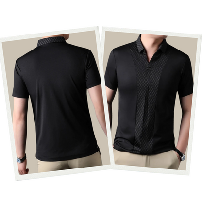 Schwarzes Herren-Poloshirt mit gemustertem Kragen und Knopfleiste, kurzärmelig, elegant.