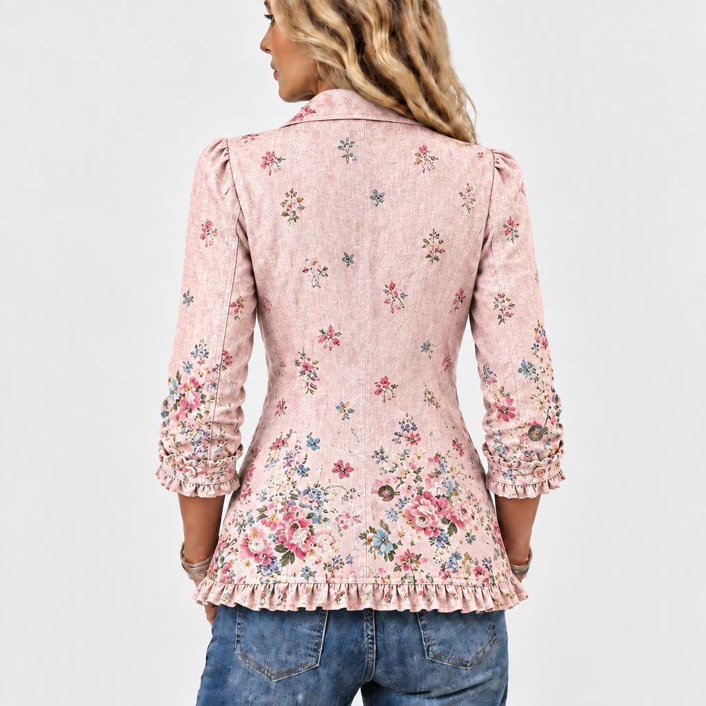 Rückansicht der rosa Jacke mit verstreutem Blumenmuster, das zum Saum hin dichter wird, Rüschensaum und Rüschen an den Ärmelenden. 5